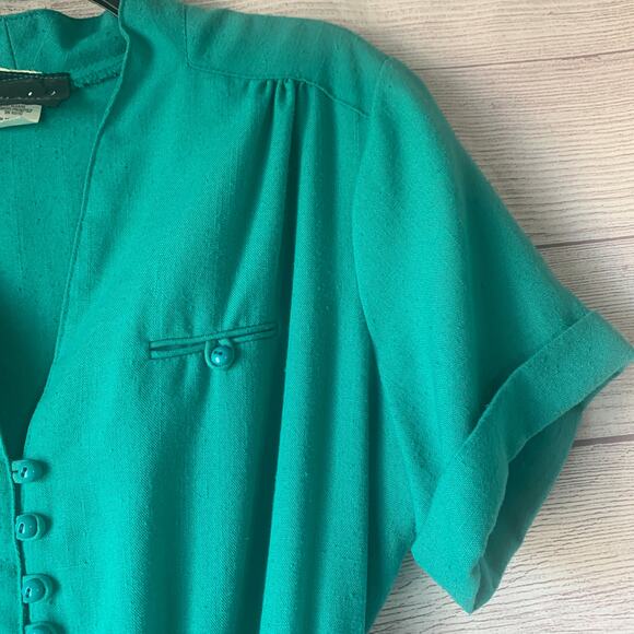 Vintage Germaine Teal Green Dress with Belt Short Sleeves 70s 80s Size 16 - Picture 6 of 14